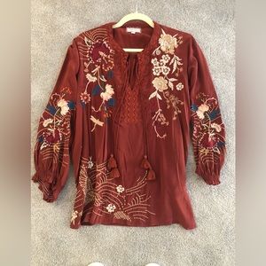 JOHNNY WAS embroidered cupra rayon blouse never worn soft deep rust. excellent